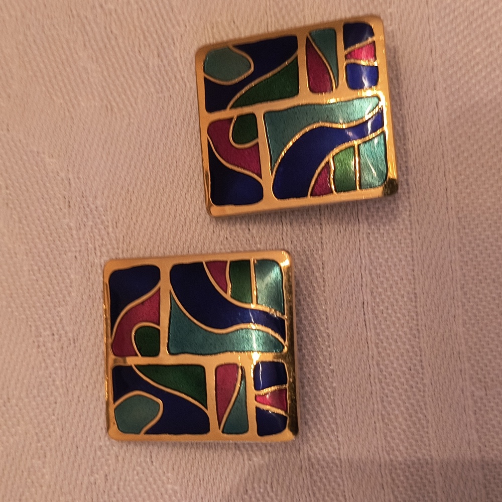 Vintage Cloisonne Signed Abstract Square Clip-on Earrings - Picture 7 of 10